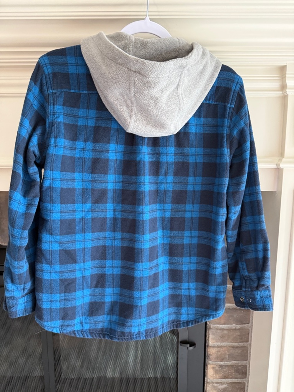 L.L. Bean Blue and Gray Plaid Hooded Button-Down Shirt - Kids - Picture 6 of 7